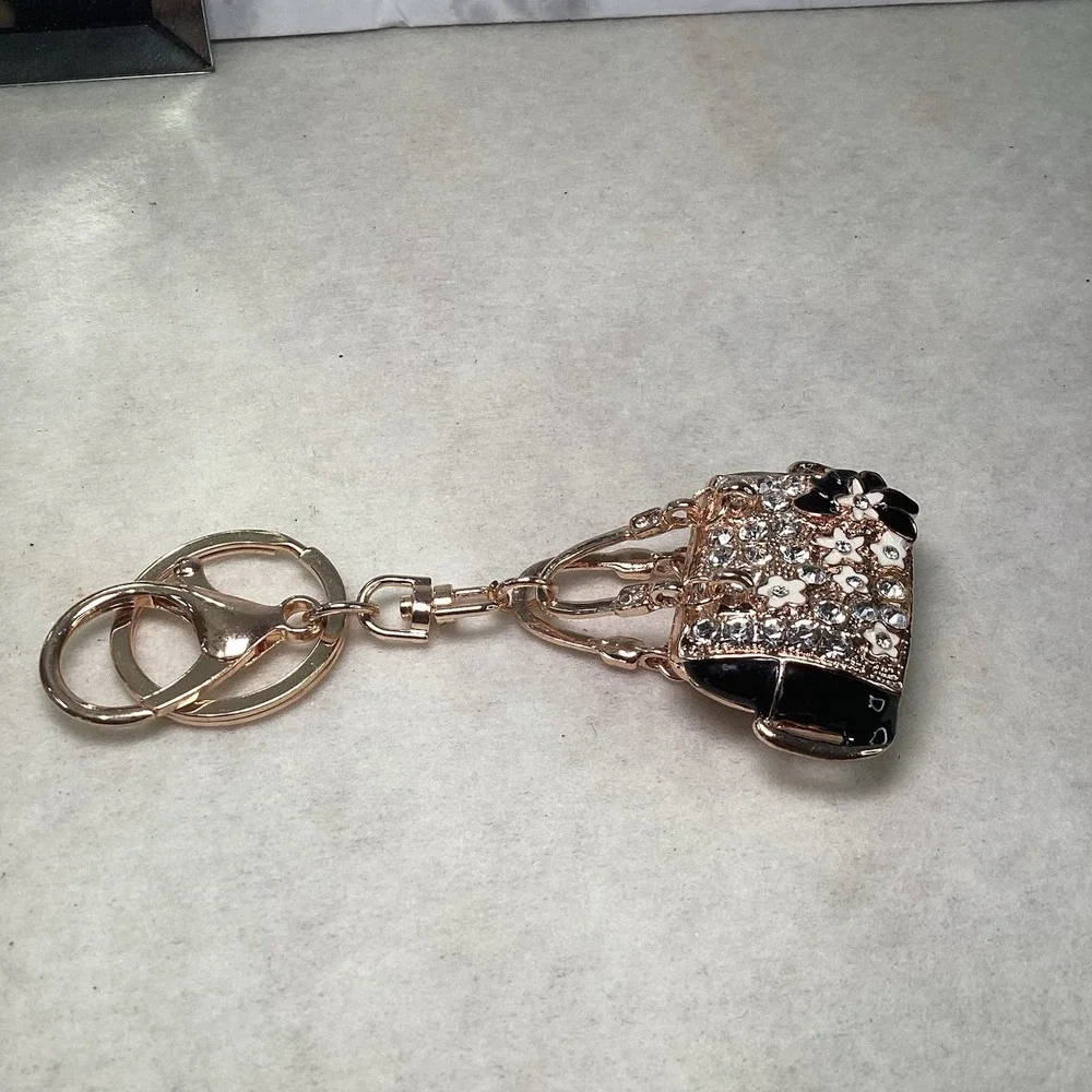 2-Way Black Floral Rhinestone Handbag Charm‎ - Key Chain Rose Gold Tone EUC